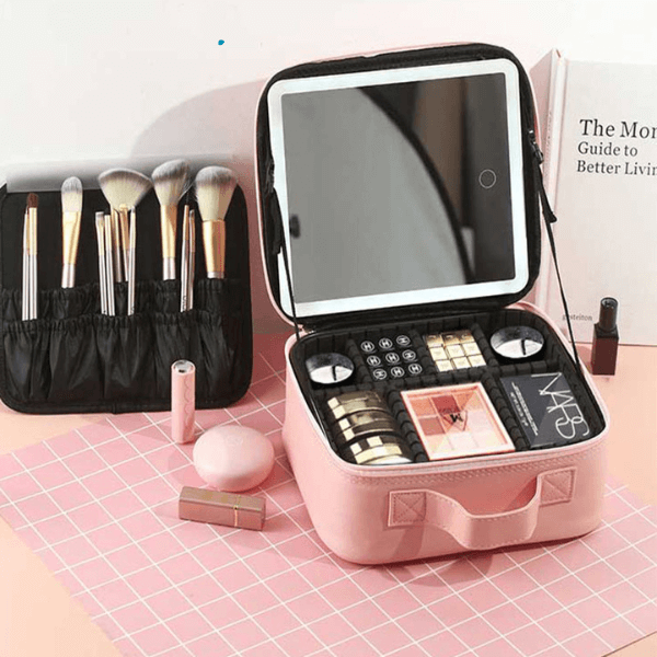 Portable Make Up Organizer Storage Box with LED Light and Mirror