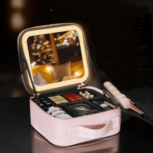 Portable Make Up Organizer Storage Box with LED Light and Mirror