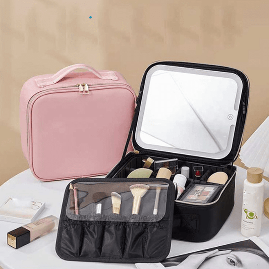 Portable Make Up Organizer Storage Box with LED Light and Mirror