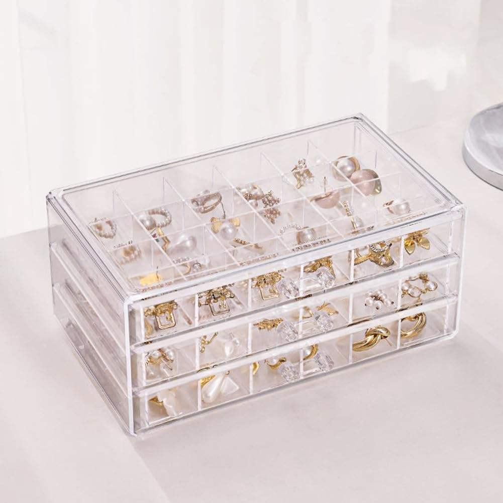 Clear Acrylic 3-Drawer 72-Compartment Jewellery Box
