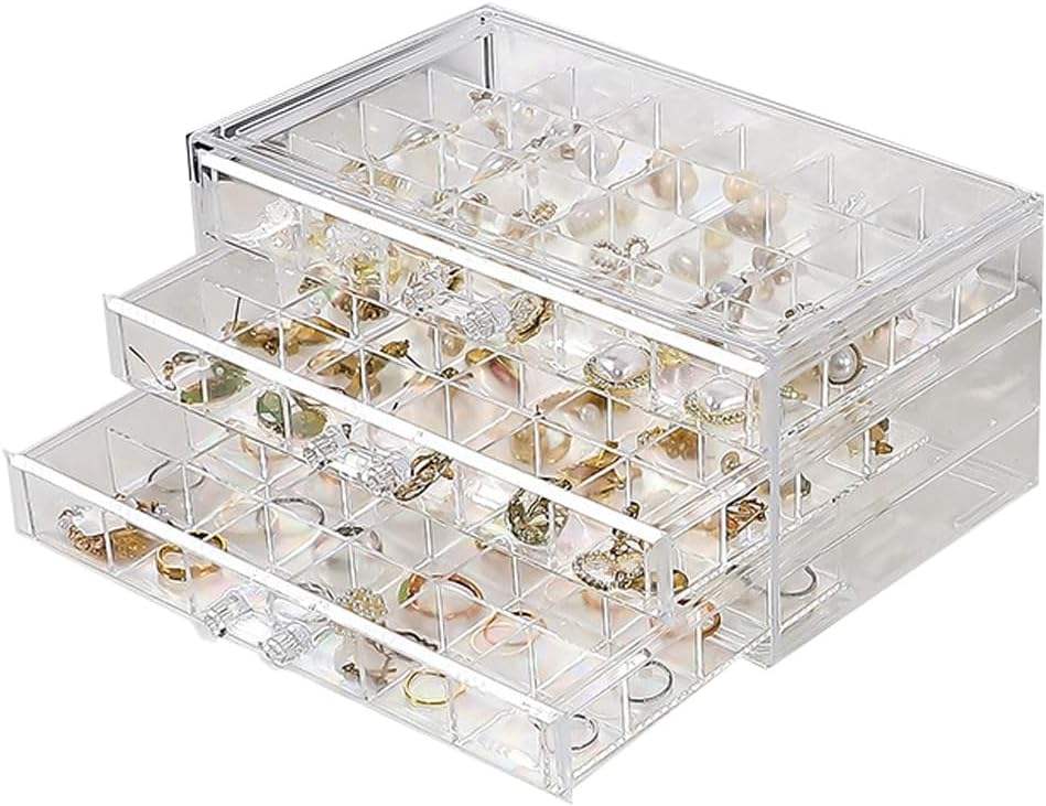 Clear Acrylic 3-Drawer 72-Compartment Jewellery Box