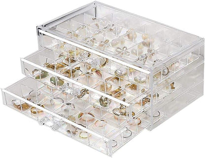 Clear Acrylic 3-Drawer 72-Compartment Jewellery Box